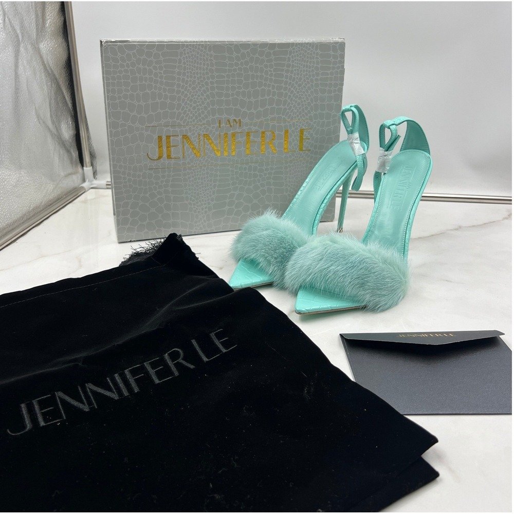 Jennifer Le Mint Heels 11.5 Green Croc Embossed Fur Strap Pointed Toe Stiletto